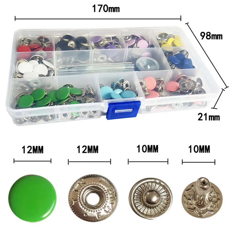 100Set Snap Fasteners Metal Snaps Press Button Studs Optional Installation Tools Kit Leathercraft Clothes Garment Bags Shoes