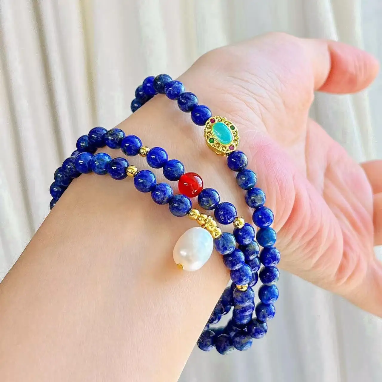 Healing Lapis & Freshwater Pearl Multi-Wrap Bracelet, Natural Crystal for Wisdom & Grace, Stackable Daily Wear