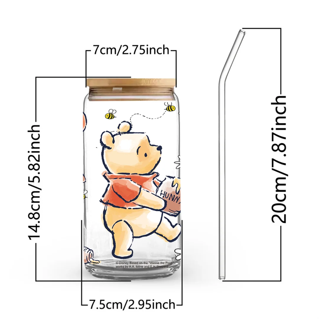 1pc 16oz Disney Winnie the Pooh and Friends Borosilicate Glass Tumbler with Lid & Straw Reusable Cup for Coffee Juice Boba Tea
