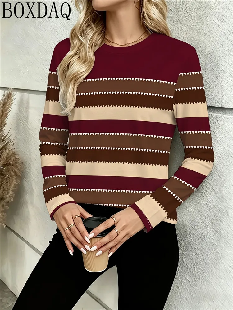 Casual Women's Striped 3D attern Printing T-Shirts Autumn Round Neck Long Sleeve T-Shirt Daily Commuting Office Women's Tops