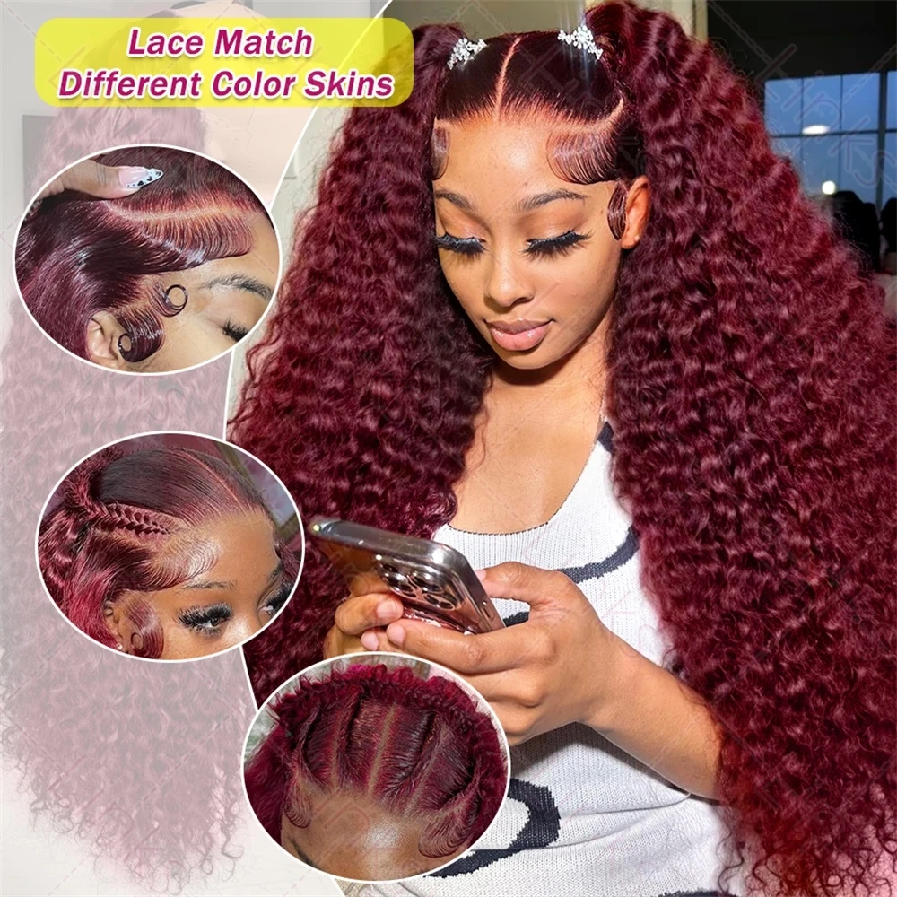 Wig depan renda merah 99J merah anggur berwarna 250% "gelombang dalam 30 40 inci Wig rambut manusia Frontal renda HD 13x4"