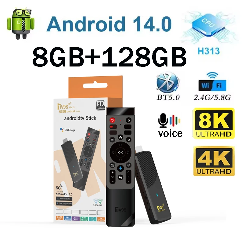 عصا تلفزيون ذكية TV98 ATV X9 بنظام Android14 مع معالج Allwinner H313، دعم OTA، 8 جيجابايت رام، 128 جيجابايت تخزين، مشغل وسائط 8K 4K، واي فاي 4G 5G، HDR10، جهاز تحكم صوتي، IPTV