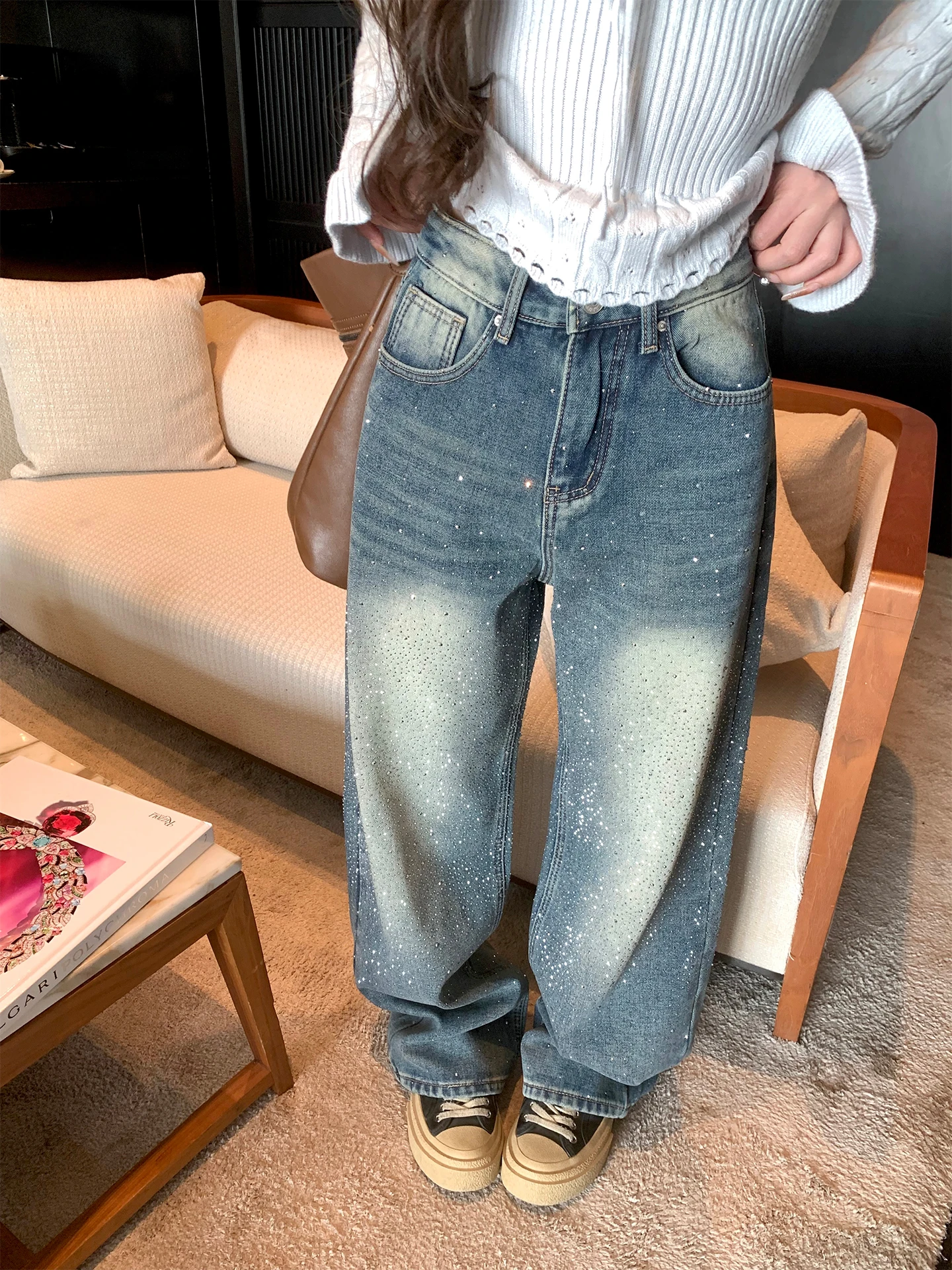 

Winter Thickened Fleece Lined Glitter Diamond Women's Wide Leg Jeans High Waist Cotton High Quality Fashion Korean Style