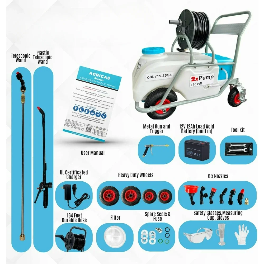 Battery Powered Sprayer, Double Professional Pump with Adjustable HD Wand and Nozzles, Portable Pushcart Sprayer with Wheels