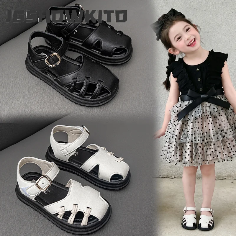 JGSHOWKITO Girls Summer Sandals Fashion Princess Classic Kids Beach Shoes Toe-capped Medium Big Children Sandals Black Beige New