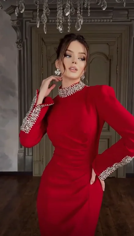 GORAFASHION Women's 2024 Red Long Sleeves Diamonds Tight Sexy Split Celebrity Cocktail Party Bandage Long Dress Maxi Gowns