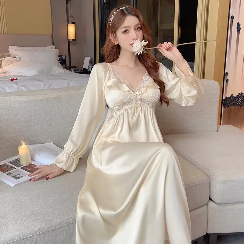 Women Long Nightgown Elegant Lace Ruffles Sleeve Sleepwear Silk Rayon Home Dressing Gown Hollow Out Nightwear Loungewear