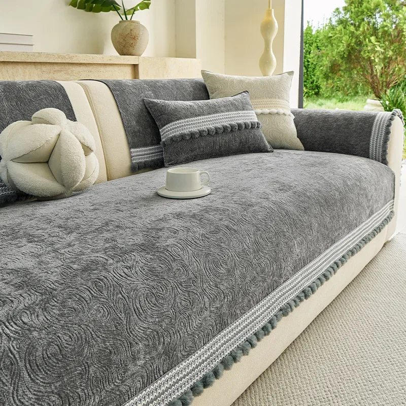 1pcs Chenille Embossed Sofa Cushion Tassel Edge Cat Scratch Resistant Pet Friendly Non Slip Couch Pad Home Decor Sofa Blanket