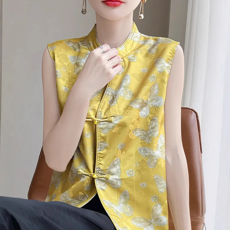 Chinese Style Hanfu Jacquard Silk Satin Tang Clothes Tops Elegant Outwear Vintage Button Asymmetry Cheongsam Vest
