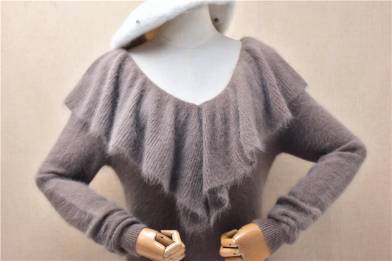 Ladies Women Autumn Winter Fashion Falbalas Hairy Angora Rabbit Hair V-Neck Long Sleeves Slim Blouses Sweater Jumper Pull Tops