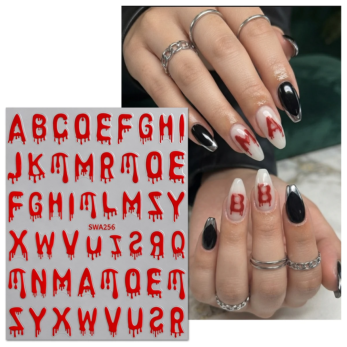 2Pcs Halloween Day of the Dead Nail Stickers, Red Metallic Dripping Blood Alphabet, Nail Tech Supplies, Dark Gothic DIY Decor
