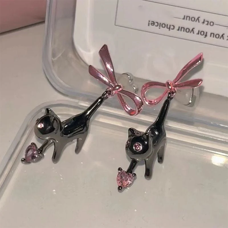 Pink Bowknot Cat Earrings Cute Girl Decoration Gift for Women  Korean Style