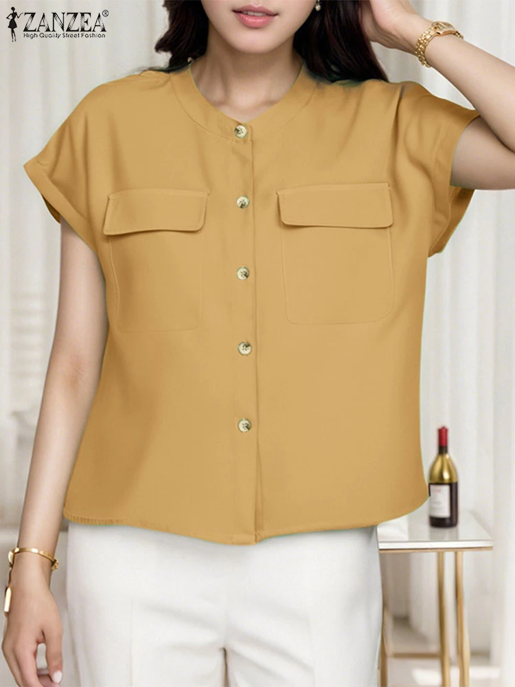 ZANZEA Summer Shirts Women Short Seeve Fashion Tops 2025 Casual Loose O-Neck Buttons Pullovers Solid Fashion OL Work Tunic
