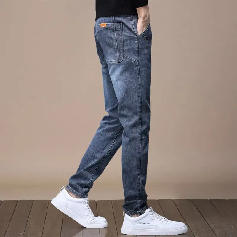 

High Quality 2025 Stylish Blue Gray New Jeans for Men Slim Pencil Pants Casual Spring and Autumn Stretchy High-end Leisure Pants