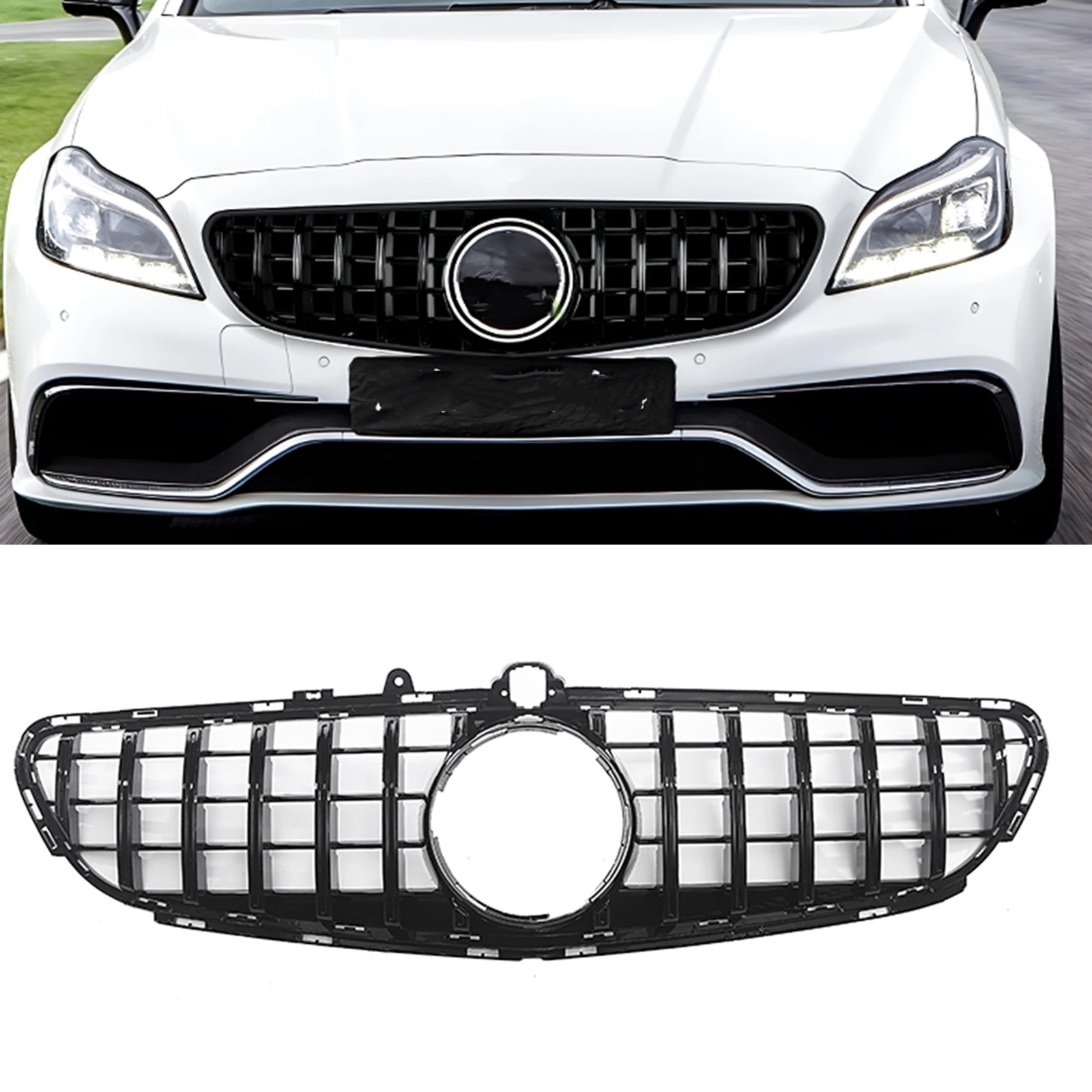 

For Mercedes Benz W218 C218 CLS63 AMG 2015-2018 GT Style Racing Grill Front Grille Black/Silver Car Upper Bumper Hood Mesh Grid