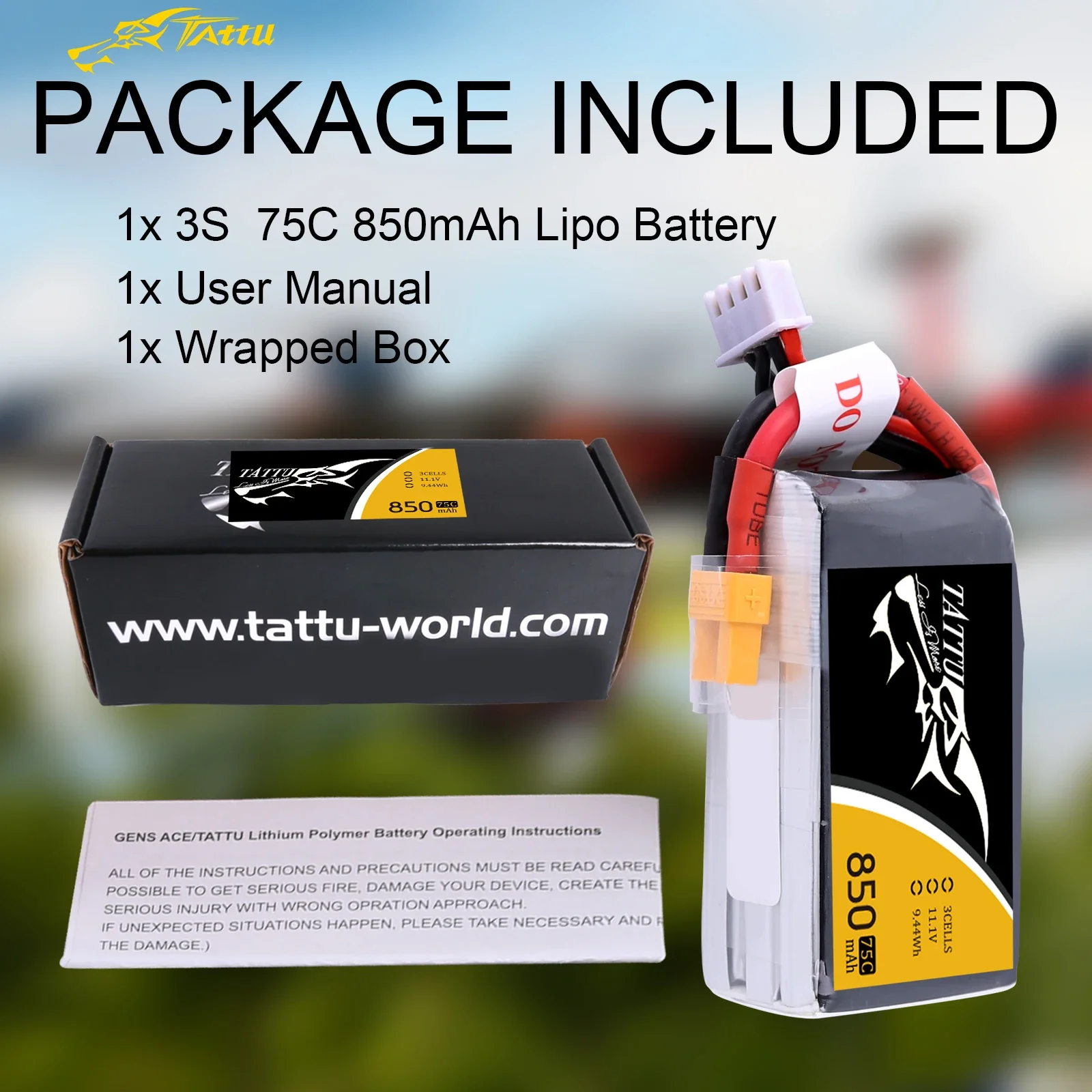 TATTU Lipo Battery 11.1v 850mAh Lipo 3s 75C RC Battery with XT30 Plug Batteries for FPV 180 150 Size Quadcopter RC Drones