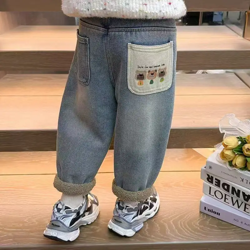 

Children's Velvet Jeans New Girl's Loose Casual Pants Winter Girl's Alpaca Velvet Thick Pants 90-140cm
