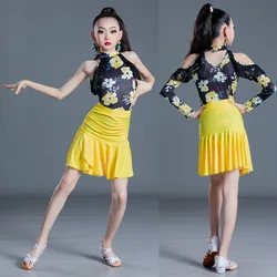 Girls Printing Latin Dance Dress Practice Set Summer Standard Art Test Split Dance Skirt Suit Performance Competition Dance Wear