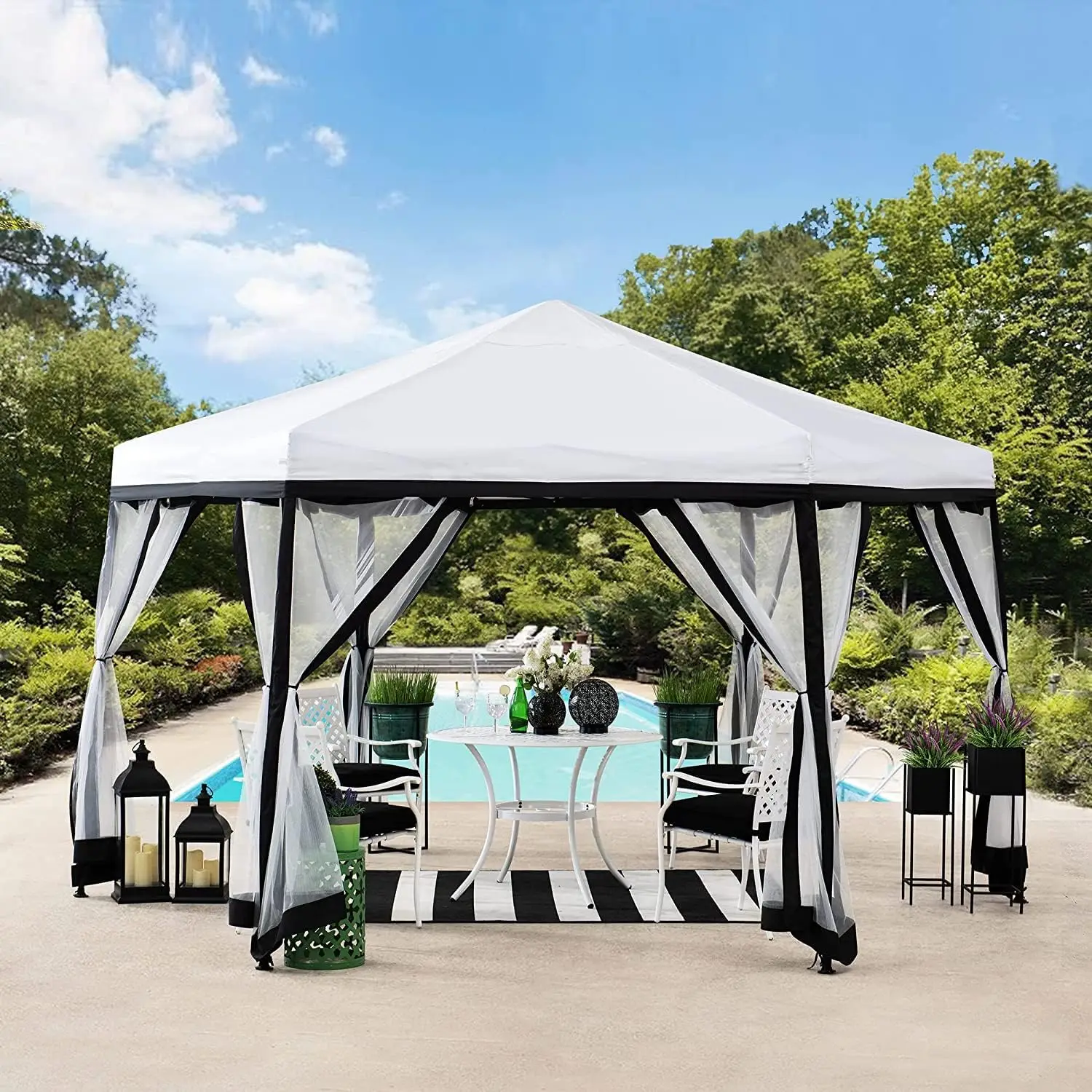 11x11 ft. Pop Up Gazebo 2-Tone Portable Canopy/Tent Outdoor Hexagon Steel Frame Soft Top Gazebo Mesh Sidewalls and Carry