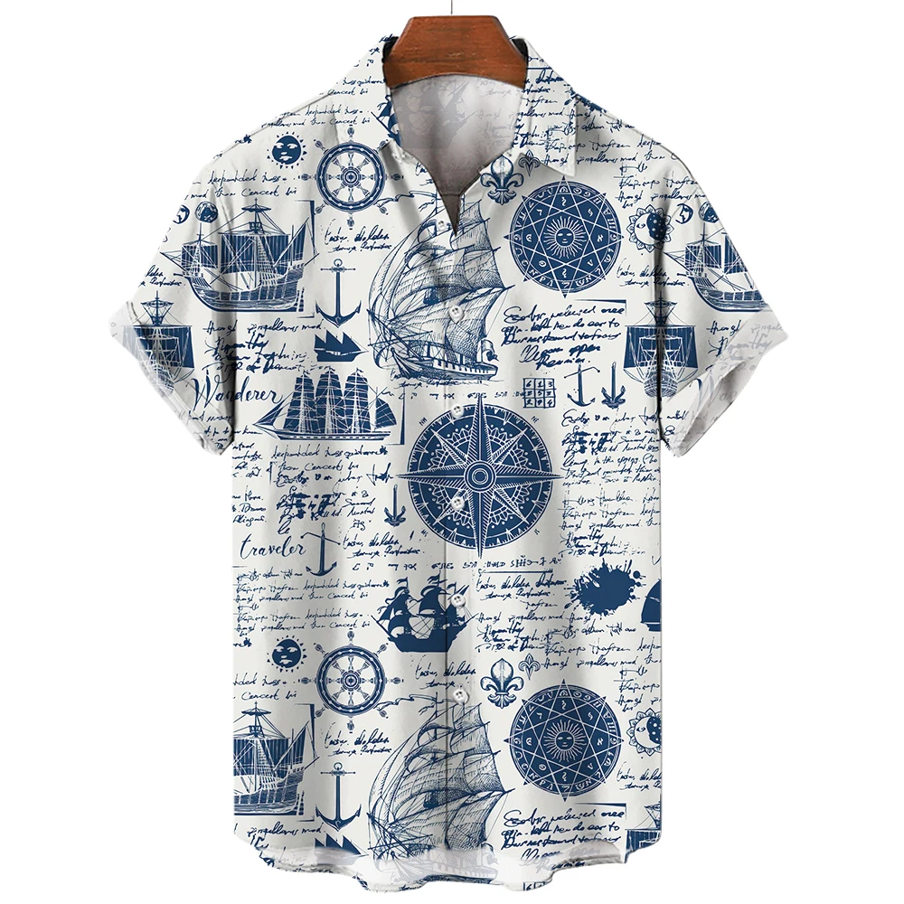 Retro Shirt with Rudder and Sailboat World Pattern Suitable for Men and Women, Hawaiian Summer Beach Style Casual Lapel Shirt