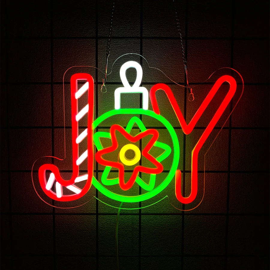 Christmas JOY LED Neon Sign, Multicolor Candy Cane Bauble Neon Light USB Powered, Xmas Holiday Wall Decoration for Bar Party