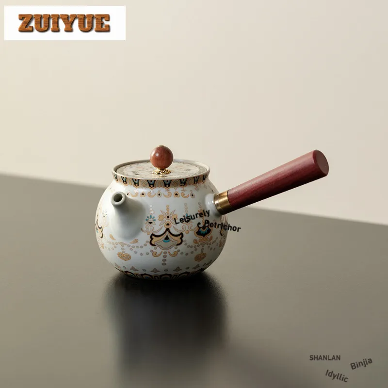 

200ml Beige Ru Kiln Solid Wood Side Handle Teapot Handmade Tea Infuser Pot Tea Maker Kettle With Filter Teaset Ornaments Craft