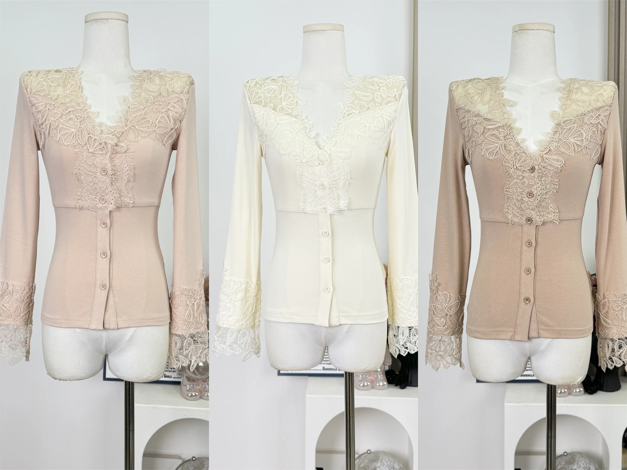 

Нежный и элегантный облегающий топ с вышивкой Pure Desire и кружевом тяжелой промышленности с v-образным вырезом и длинными рукавами