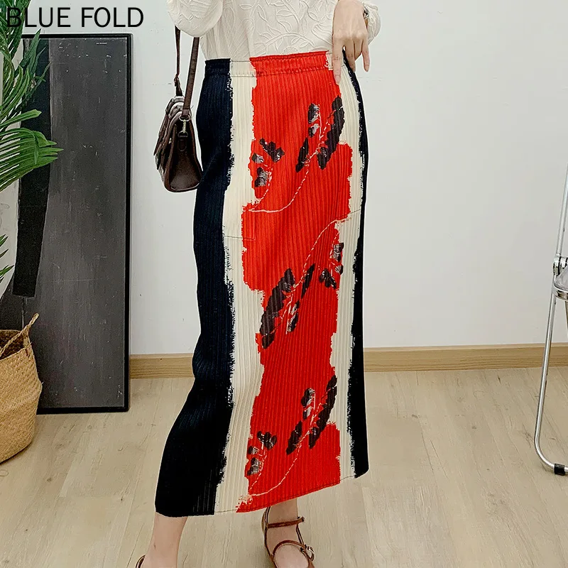 MIYAKE Red Skirt Women's Spring New Style Gentle and Elegant Printed High-waisted Slim-fitting High-end Pleated Mid-length Skirt