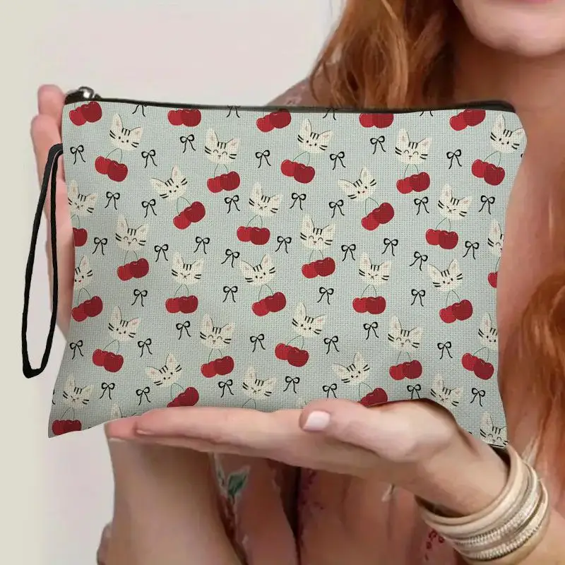 

Fashion Portable Cat Cherry Cosmetic Bags Small Toiletries Storage Bag for Women Travel Camping Makeup Storage Accessories ﻿