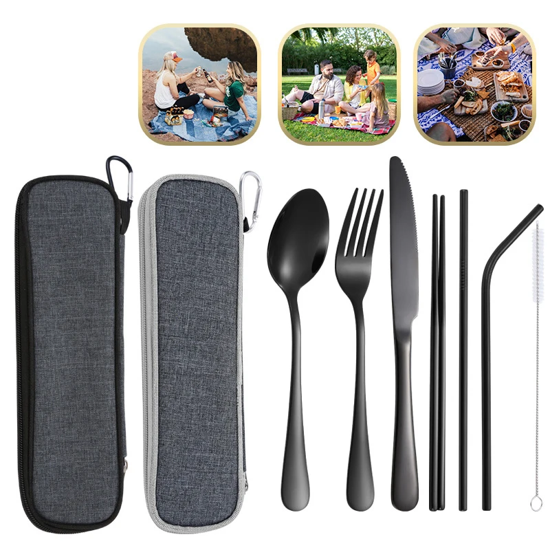 8-teiliges Outdoor-Geschirr-Set aus Edelstahl, Messer, Gabel, Löffel, Essstäbchen, Stroh, Bergsteigen, Camping, tragbare Geschirrtasche