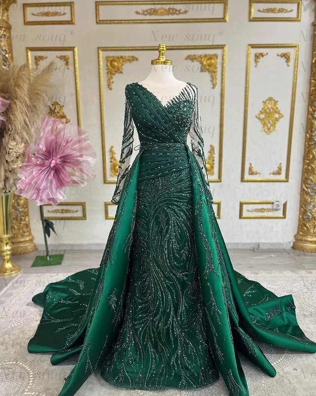 Saudi-Arabien Grüner Überrock Meerjungfrau Perlen Abendkleider Formelle Anlässe Muslimische Hochzeit Nach Party Kleider Maßgeschneidert