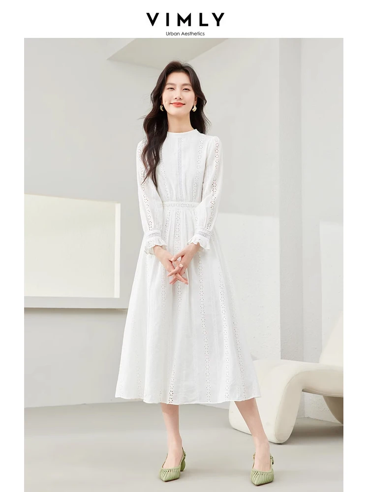 Vimly A-line Women White Dress Spring/Autumn  French Style Elegant Fashion Cotton 100% Hollow Out Long Sleeve Midi Dresses M6192