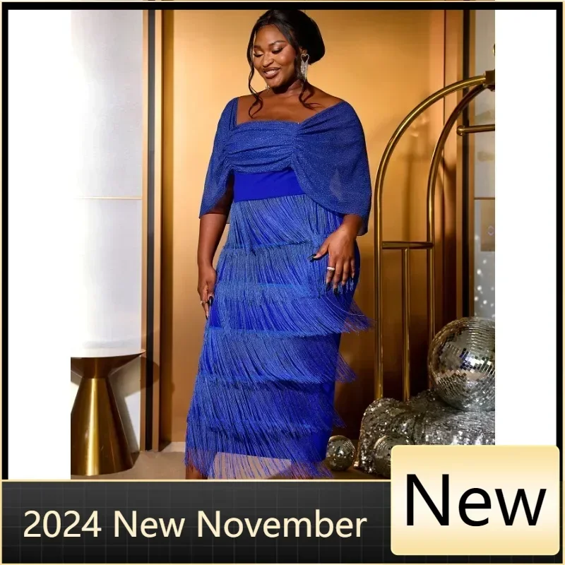 

Customized Customized Customized Blue Luxury and Elegant Evening Long Dress Sexy Off Shoulder Tassel Short Cape Sleeved Charming