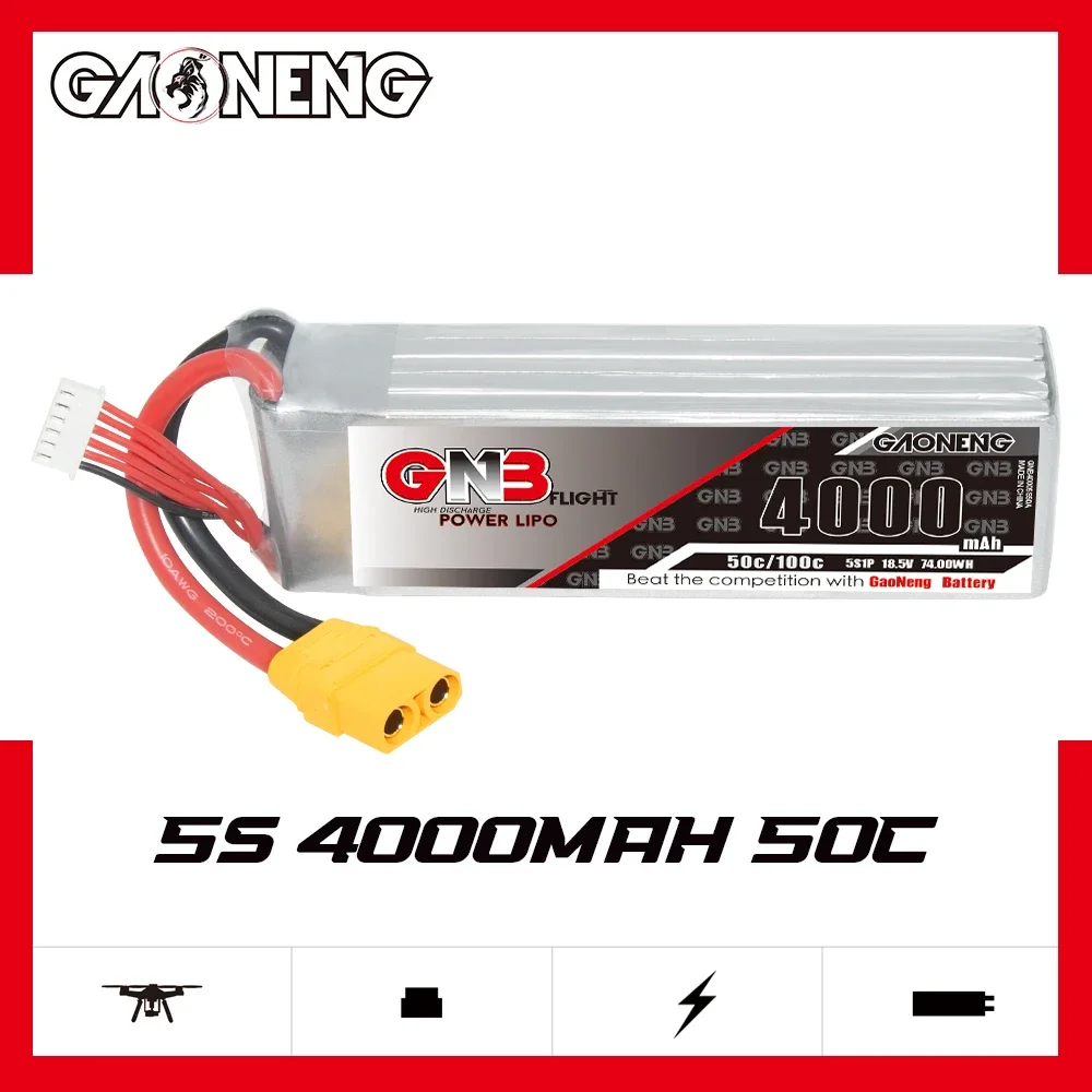 

GAONENG GNB 4000mAh 5S 50C 100C 18.5V XT90 LiPo Battery 7 inch 300mm-380mm FPV FMS 70mm EDF Jets and 1400mm 3D Plane