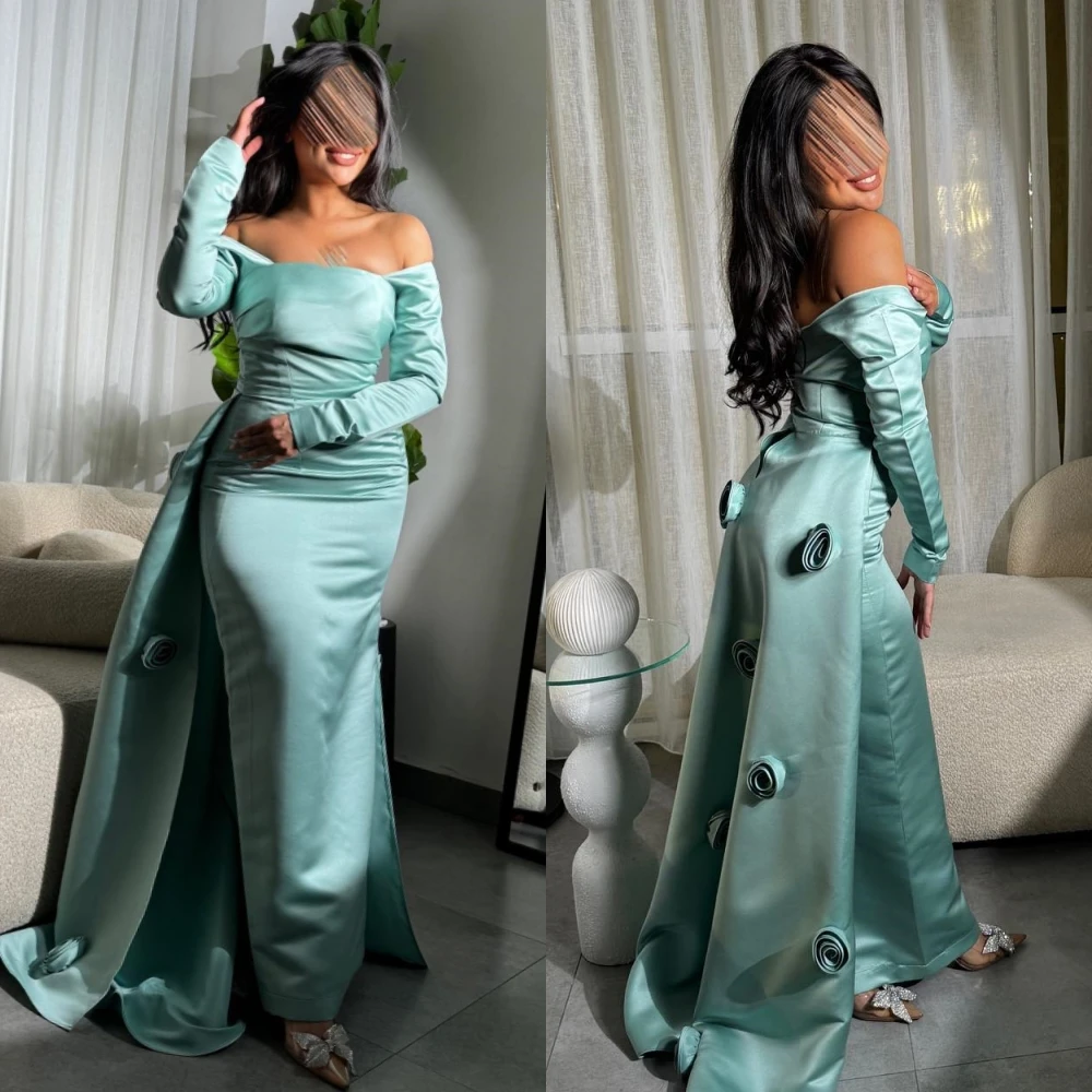 Gaun Prom Arab Saudi bunga Satin terbungkus Pleat Gaun ulang tahun bahu terbuka gaun acara Bespoke gaun lengan panjang