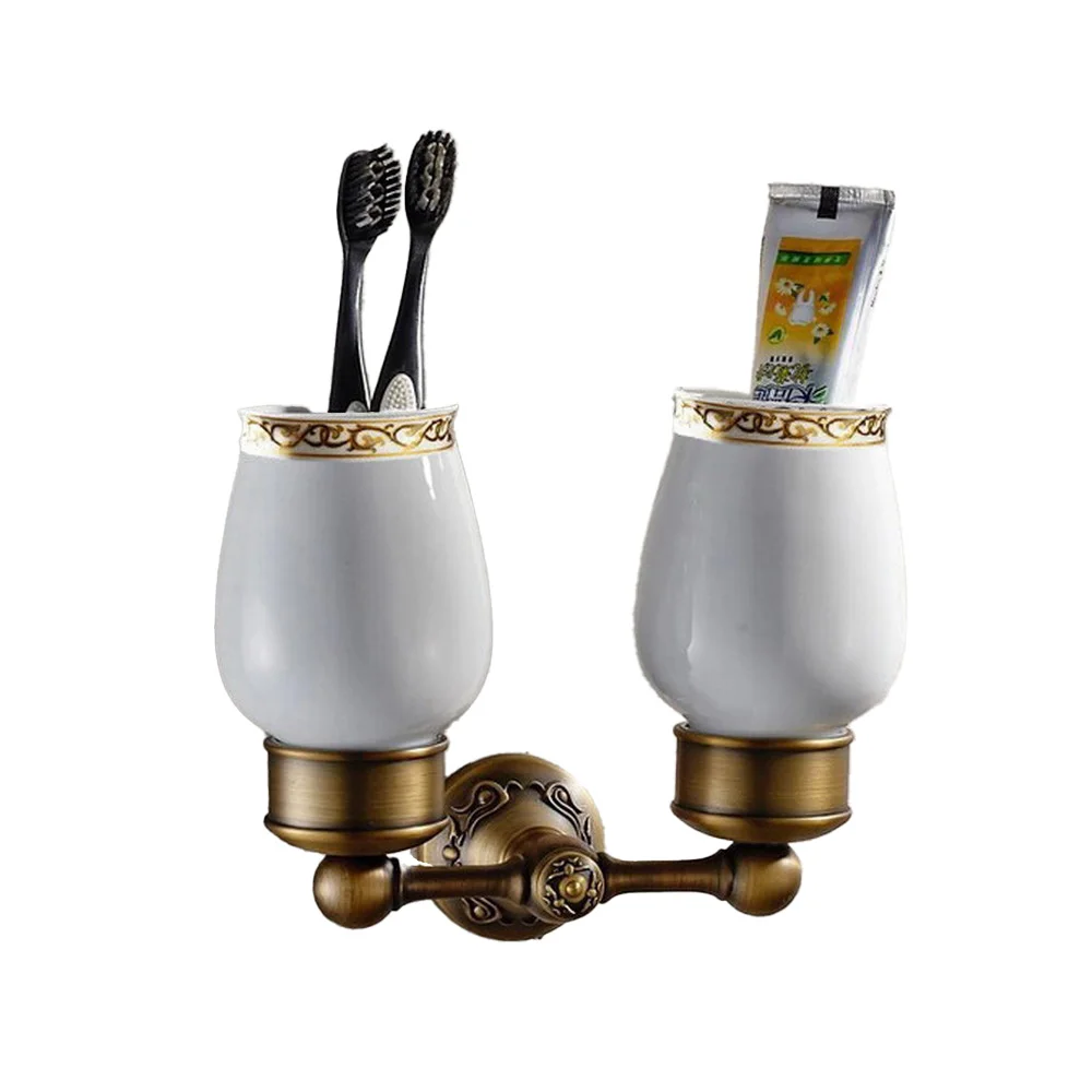 Wall Mounted Vintage Retro Antique Brass Bathroom Toothbrush Holder Set Bathroom Accessory Dual Ceramic Cup mba432