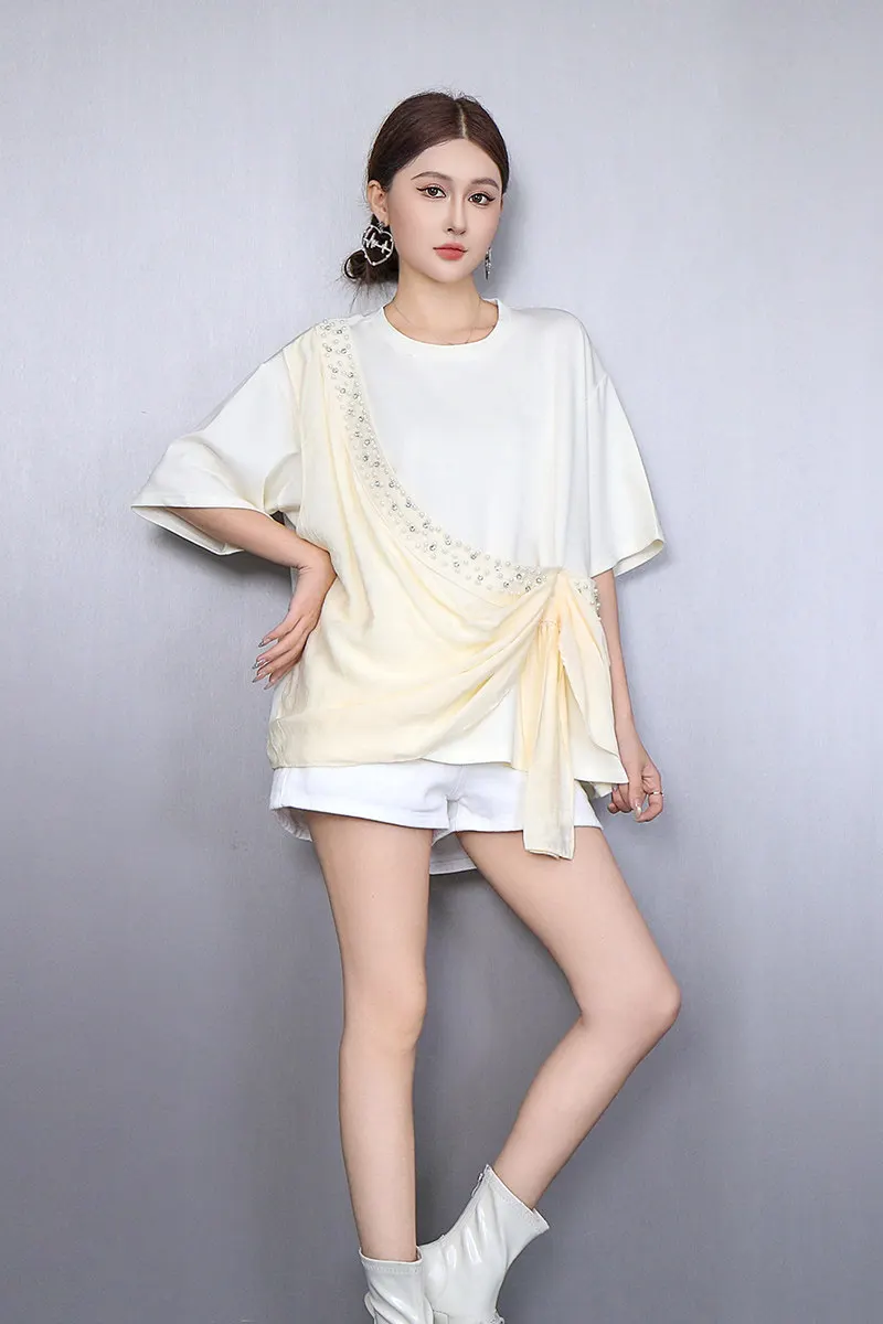 

2026 Summer New Fashion Women Loose Patchwork T-shirts Female Casual Two-piece Set Short Sleeve Top Wholesale J2251