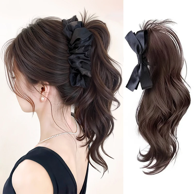 

Парик с хвостиком Hebenfeng, черный бант, вьющийся хвост из синтетического волокна, пушистое наращивание волос, плетеный парик с хвостиком