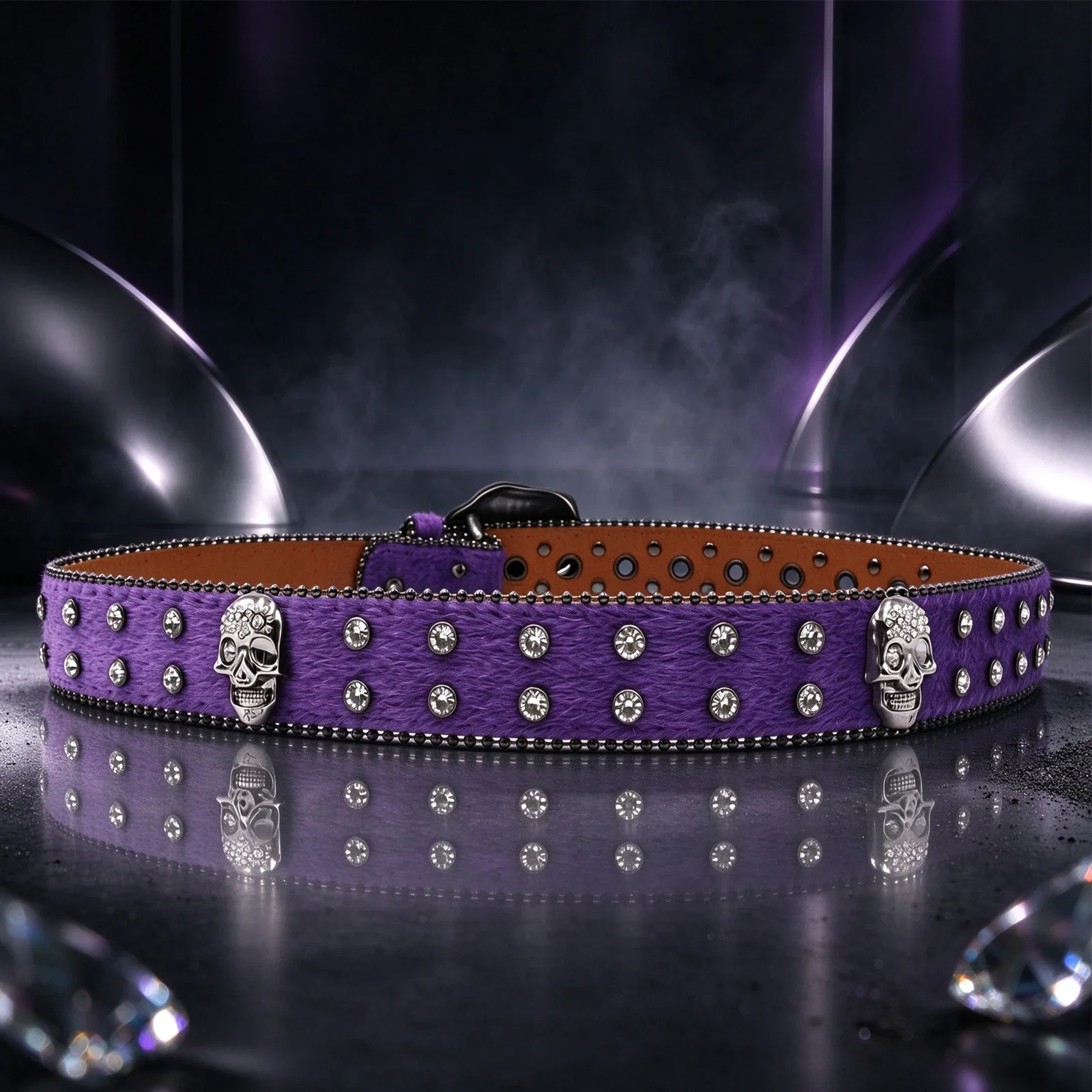 Harajuku Goth Faux Horse Hair Belt, Colorful Eyeball Buckle Skull Rhinestone Rivet Decoration Unisex Y2K Streetwear Waistband