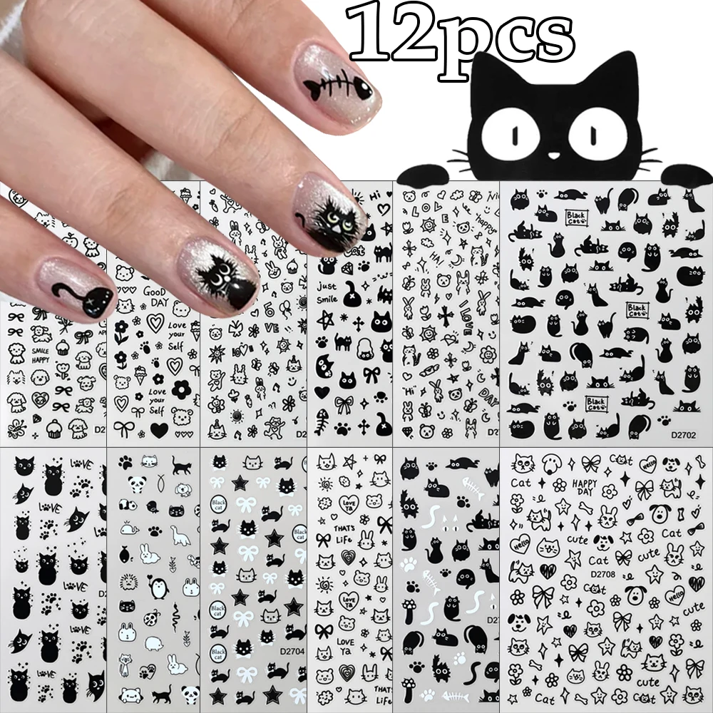 12 fogli Cartoon Black Cat Adesivi per unghie Set Azione multipla Kawaii Cucciolo Gattino Nail Art Decalcomanie Adesivo Bambini Manicure Decoratio
