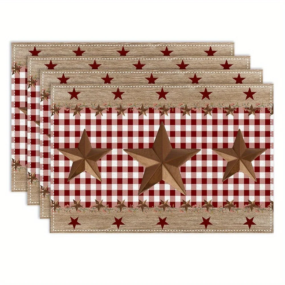 4 single sided table mats in vintage barn board pattern with West Texas star design and red and white buffalo plaid pattern