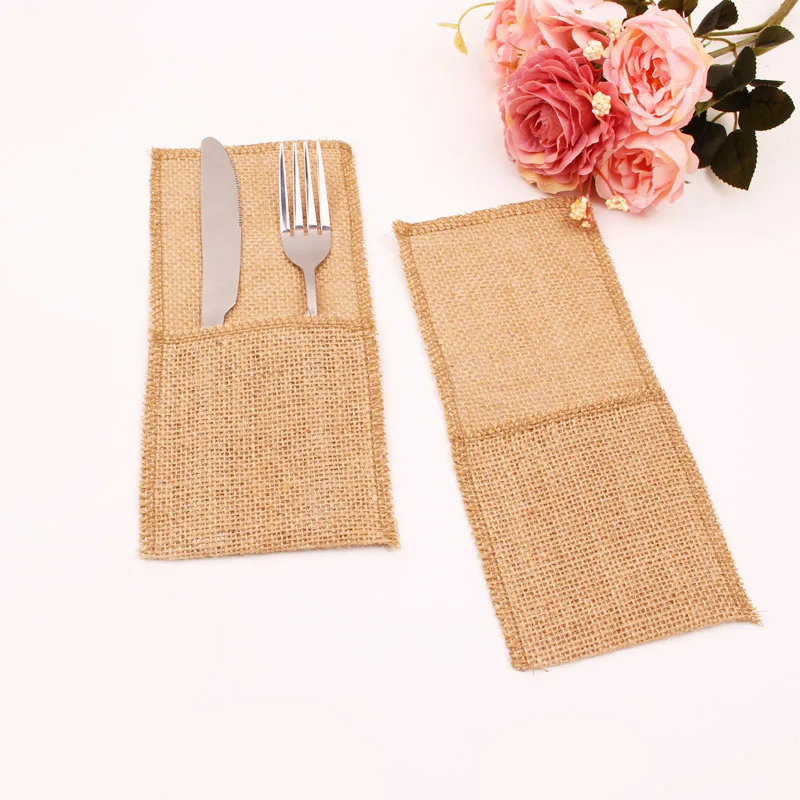 Lace Trim Burlap Cutlery Holder for Weddings, Christmas, & Parties. Rustic Natural Jute Silverware Pouch for Festive Events.