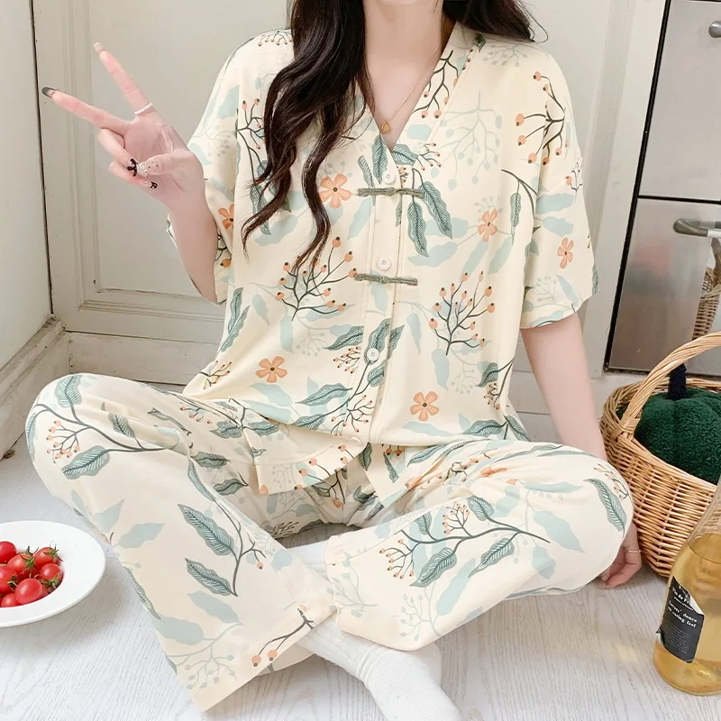 Conjunto de pijama de Kimono para Mujer, ropa de dormir de manga corta, pantalón largo, estampado, Verano