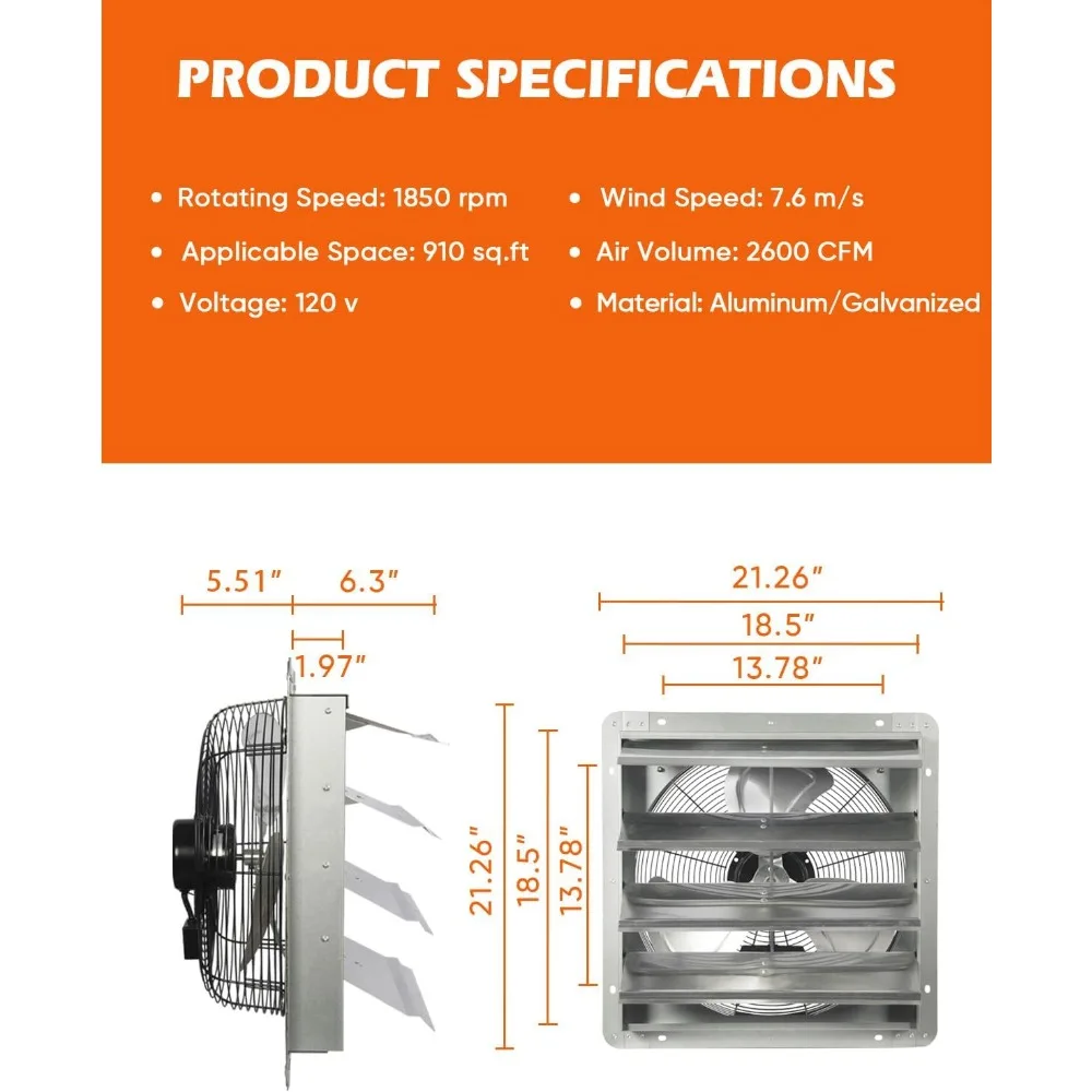 مروحة عادم مثبتة على الحائط مقاس 18 بوصة عالية السرعة مع 2600 CFM، ومصاريع تلقائية، وسلك طاقة 1.8 متر لتهوية المرآب ورشة العمل