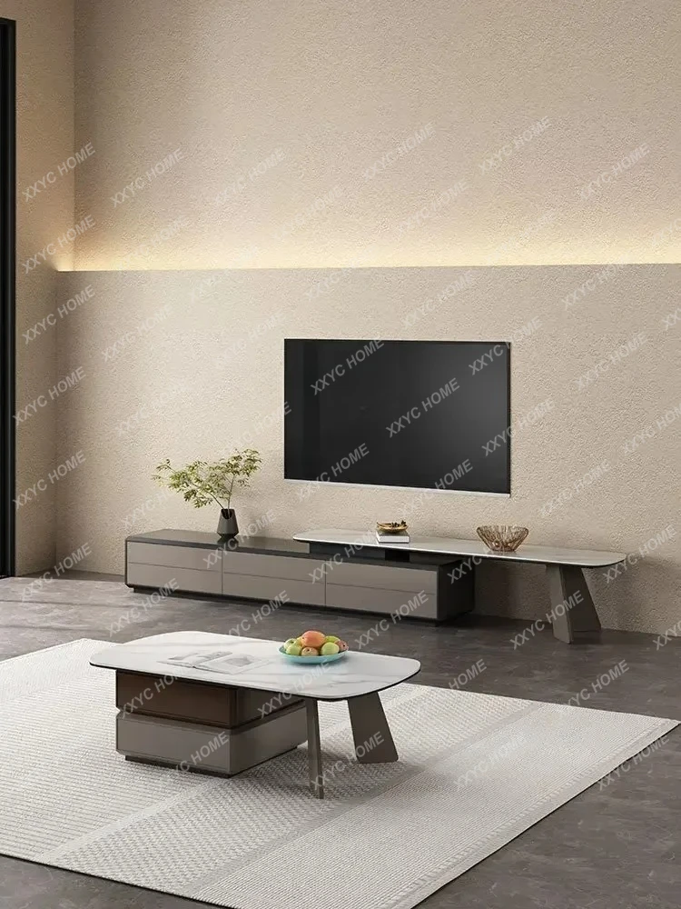 Y1 Minimalist Square Rotating Coffee Table Stone Plate Retractable Floor Cabinet Living Room Home Small Apartment