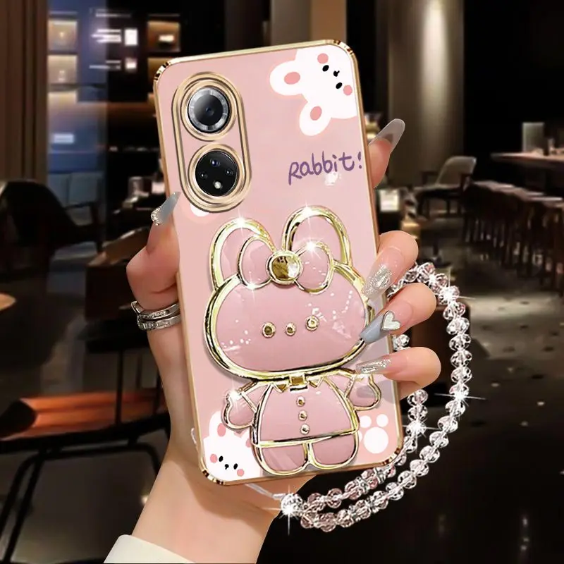 Coque de support de téléphone avec dragonne en diamant, lapin miroir, pour Huawei Honor 50 10 20 30 30S 60 70 80 90 100 SE Lite GT