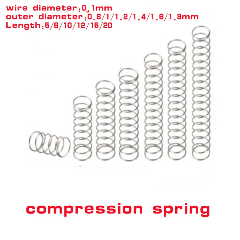 20pcs/lot wire diameter  0.1mm outer diameter 0.8mm to 2mm small compression spring length 5-50mm