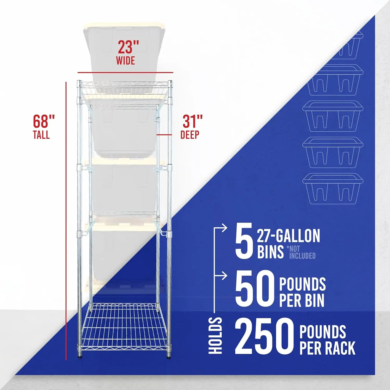 SafeRacks 5-Tier Steel Tote Rack Maximize Space Declutter Organization NSF Certified Bin Storage Garage Pantry 31″ X 23″ X 68″