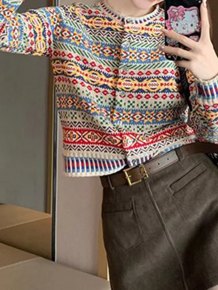 Korean ethnic style colorful floral sweater women's autumn and winter new knitted cardigan paired with casual top cardigan
