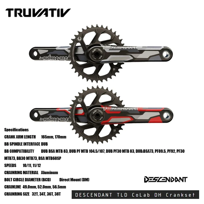 

TRUVATIV DESCENDANT TLD CoLab DH Crankset DUB83 version available in 165mm or 170mm with 36t Direct Mount X-SYNC™2 CNC Chainring